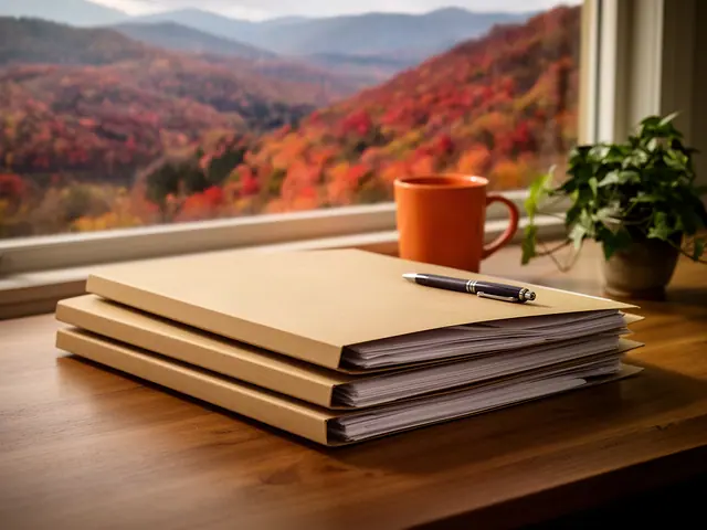 A neat stack of closed manila folders and a pen on a desk by a window.