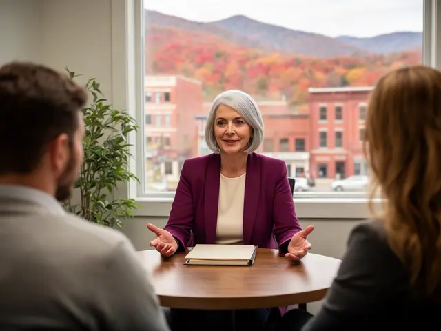 An insurance agent talking with a couple at a round table.