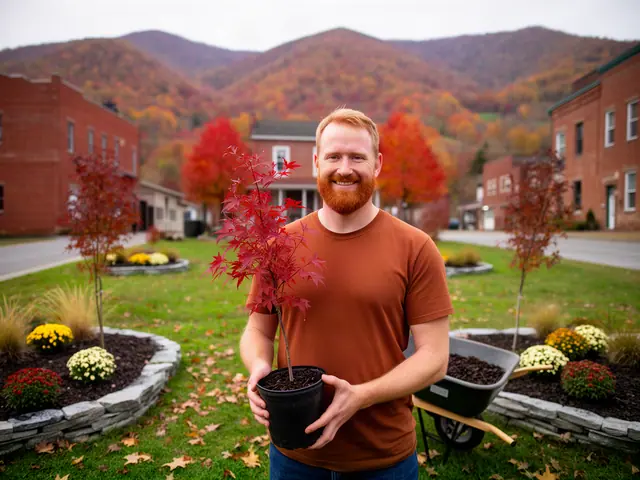 A smiling landscaper holding a young red maple in a pot beside new stone-edged beds of mums.