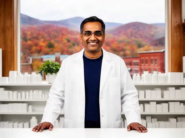 A smiling pharmacist in a white coat behind the counter of an independent pharmacy.