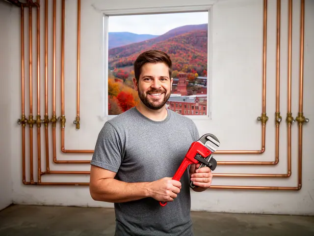 A plumber with a pipe wrench beside new copper piping.