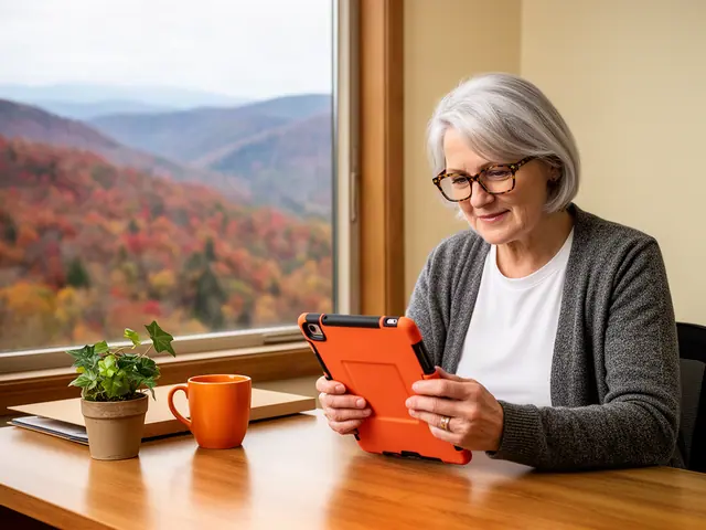 A woman with silver hair and glasses reviewing a tablet in an orange case at a desk by a mountain view.