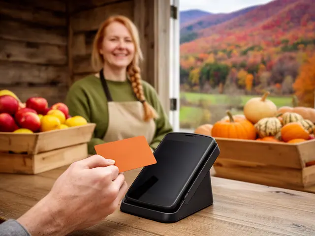 A customer taps an orange card on a counter terminal at a farm stand with apples and pumpkins.