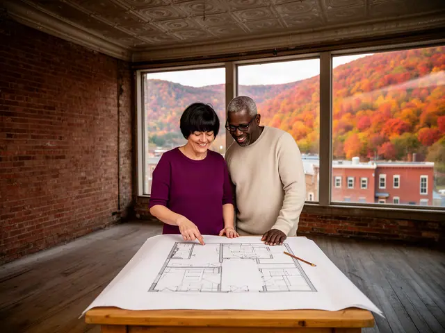Two business partners looking over a pencil floor sketch in an empty storefront.