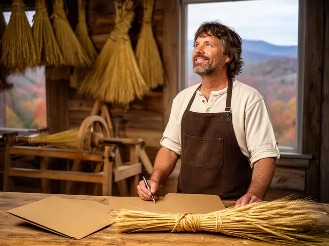 A smiling broom maker in a brown apron at a worktable with bundles of broomcorn and a closed folder.